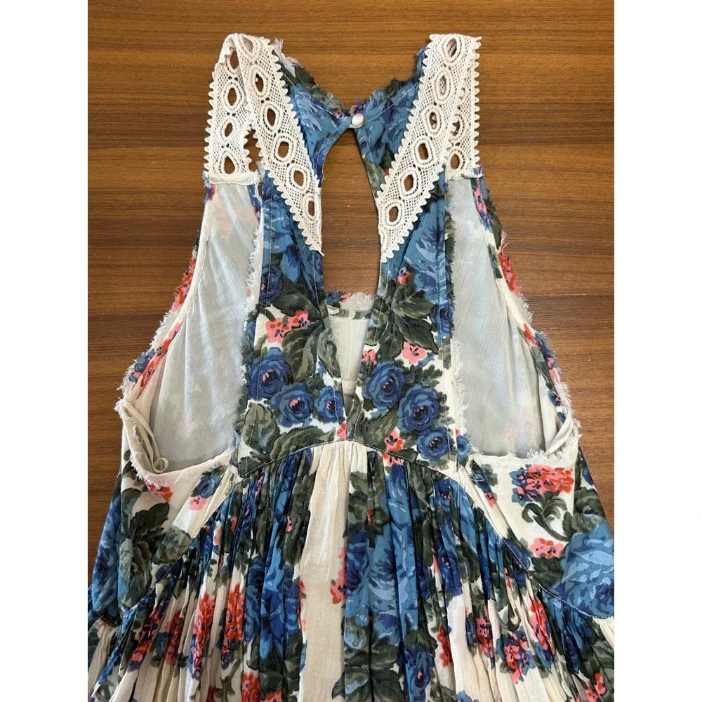 Free People Little Teacup Dress Small Blue Floral Crochet Cottage Shabby Chic